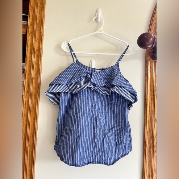 A New Day - Blue and White Striped Ruffled Shoulder Top - Picture 1 of 6